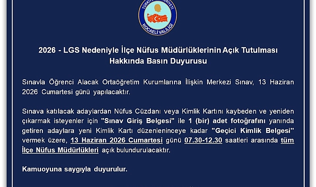 LGS Günü Kocaeli'de Nüfus Müdürlükleri Açık Olacak! İşte Çalışma Saatleri